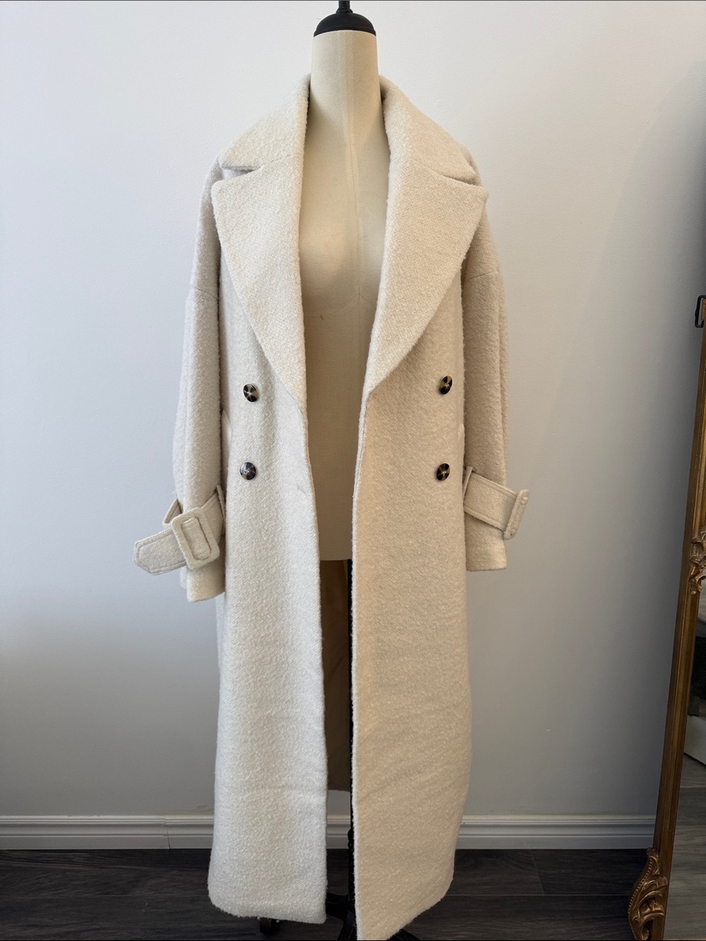 H&M Cream Double-Breasted Bouclé Long Coat